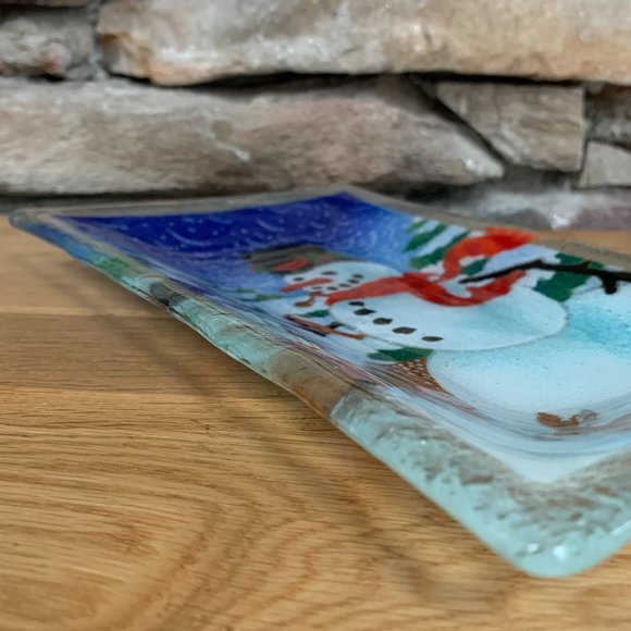 Fused Glass Peggy Karr Snowman Plate Art Platter Dish Winter Christmas Serving - Picture 4 of 9